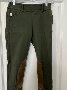 The Tailored Sportsman Olive Green Riding Leggings with Brown Knee Patches